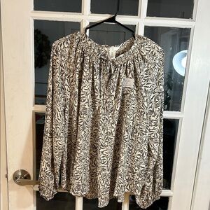 H38.    Women's Smocked Neck Floral Blouse - Black on Cream